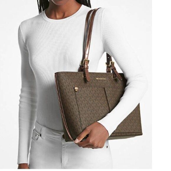 MK Jet Set Tote Bag Canvas Signature Logo All Over Print Front Pockets - Picture 5 of 5